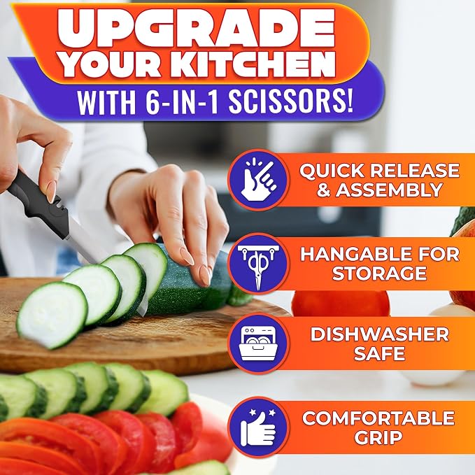 6 in 1 Cutting Board Scissors for Food, Spring-Assist, Non-Slip | Dishwasher Safe Kitchen Scissors with Cutting Board; Built-In Meat Tenderizer and Safety Lock for Meat, Fish and Vegetables