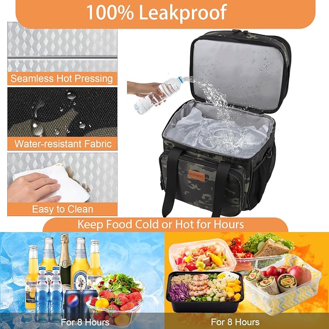GLENKEY Expandable Lunch Box Cooler Bag - Insulated Soft Lunch Bag for Men Women - Large Lunchbox for Adults Work Camping Outdoor Travel Black Camo 16L