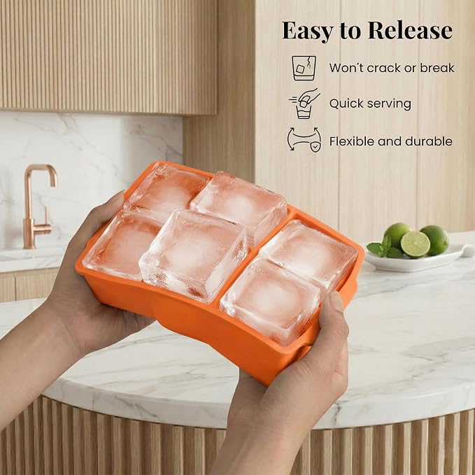 KitchFort® Large Silicone Ice Cube Tray (2-Pack), Easy Release 2" Big Ice Cubes - Cocktail, Whiskey Ice Cubes Mold - Ice Trays for Freezer with Lid - Stackable Silicone Ice Tray - Orange