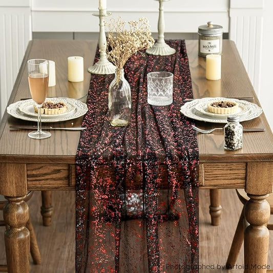 Artoid Mode 6PCS Black Red Gold Gauze Table Runner 120 Inch 10FT, Glitter Metallic Foil Sheer Dining Wedding Anniversary Holiday Table Decor for Home Party