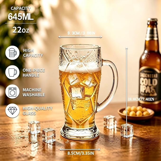 Freezer Beer Mugs 22oz, Set of 2 | 3D Hexagon Textured Glass Beer Steins with Handle | Frosted Durable Glass Stein | Gift for Beer Lovers, Craft Beer Enthusiasts, Dad, Husband, Men