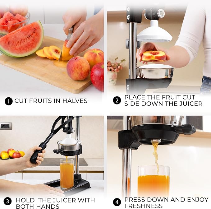 Zulay Kitchen Pulperizer 9 in 1 Cast Iron Juicer - Easy-to-Clean Heavy-Duty Manual Juicer with Presser Attachment to Juice All Types of Fruits! Extra Tall with Stainless Steel Bowl - Black