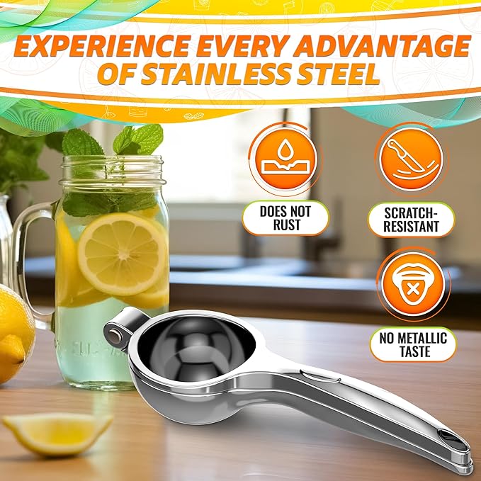 Stainless Steel Lemon Squeezer, 8.3 Inch Manual Hand Juicer (Silver) | Citrus Press with Built-In Seed Strainer, Juices Limes and Oranges for Cocktail Mixing, Corrosion-Resistant, Dishwasher Safe