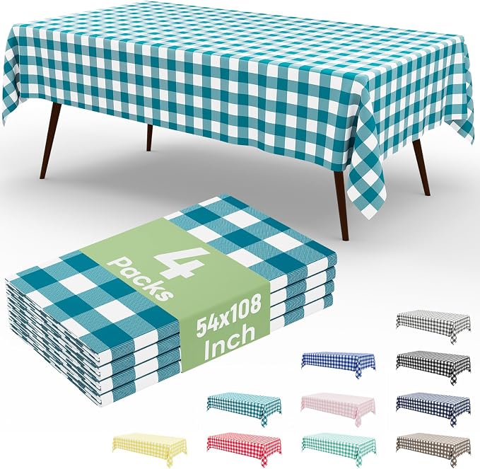 4 Packs Buffalo Disposable Table Cloth, 54 x 108 Inch Waterproof Plastic Tablecloth, Rectangle Turquoise and White Checkered Table Covers for Picnic, Birthday, Party, Back to School