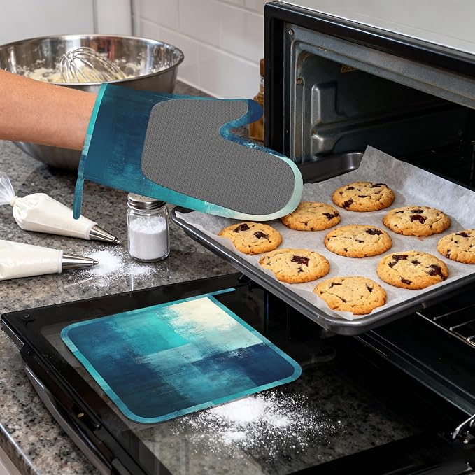 Turquoise Grey Oven Mitts and Pot Holders (4PCS),Teal Modern Art Heat Resistant Non-Slip Silicone Kitchen Gloves for Cooking, Baking, BBQ Waterproof Kitchen Accessories