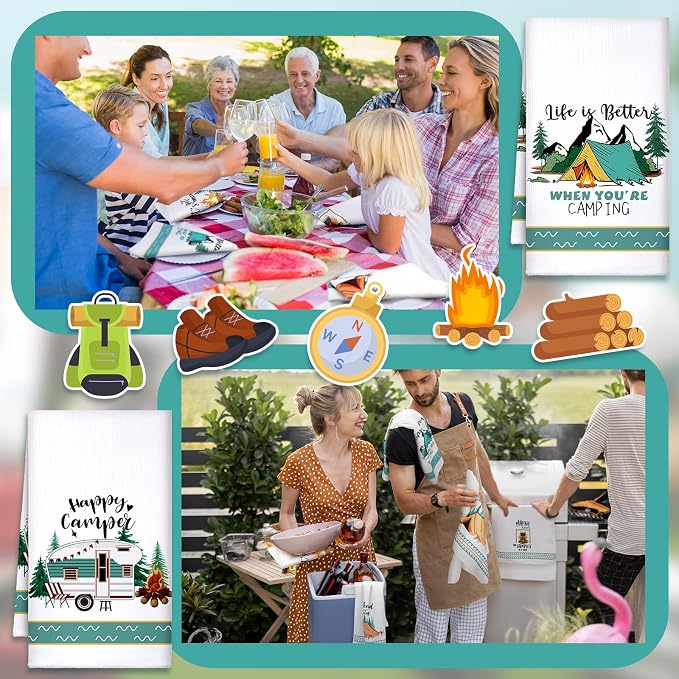 Boyiee Set of 6 Camping Kitchen Towels White Absorbent Dishcloth Gifts | Bonfire Tent Car Tea Towels 24 x 16 Inches with Funny Sayings Novelty Gifts for Rv Campers Camping Accessories