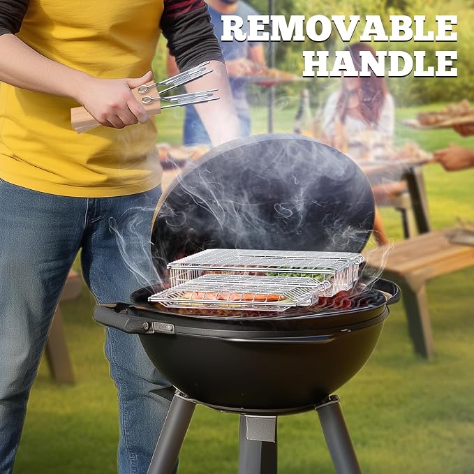 Fish Grill Basket Set, Removable Wooden Handle, Nesting BBQ Tools | 304 Stainless Steel, Smoker Grilling Accessories for Vegetable, Outdoor Cooking Camping, Birthday Gifts for Men Dad Husband