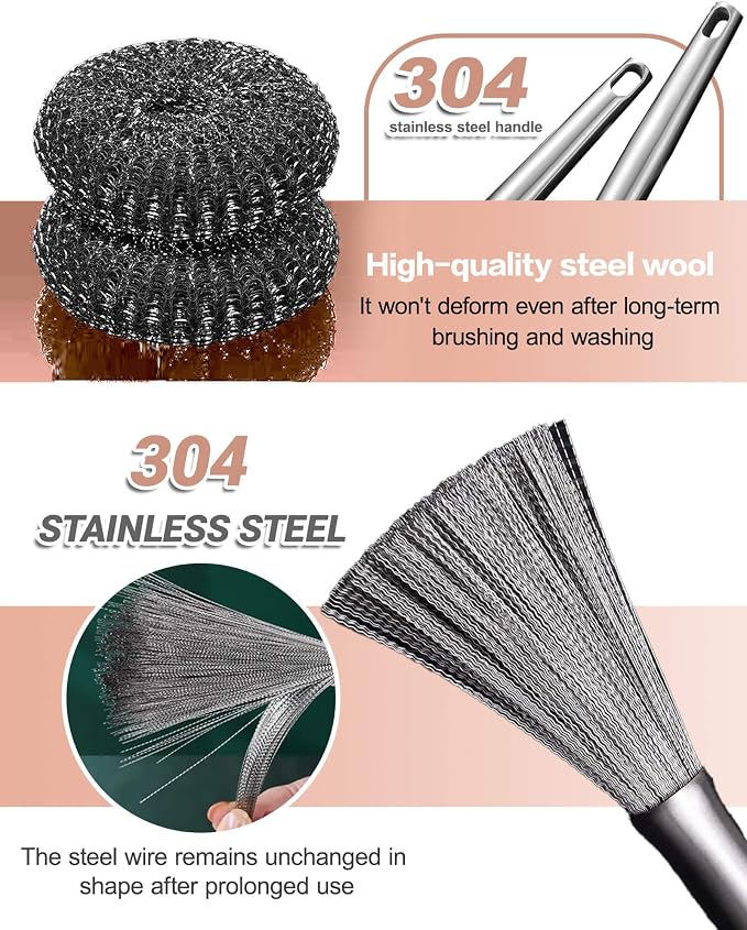 6 Pack Stainless Steel Wool Scrubber Set- Heavy Duty Metal Sponge Scouring Pad for Cast Iron Skillet, Grill & Pots -Include Short & Long Handle & Brush & 3 Pads,Kitchen Dish Scrubber
