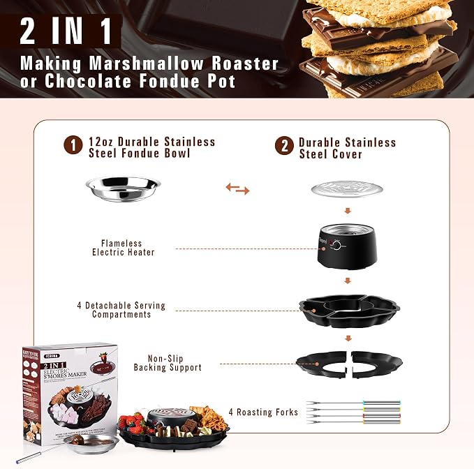 2 in 1 Electric S’mores Maker & Fondue Pot, Tabletop Indoor Smores kit with 4 Roasting Forks, 4 Detachable Trays & 1 Flameless Temperature-controlled Heater, Movie Night Supplies & Housewarming Gifts