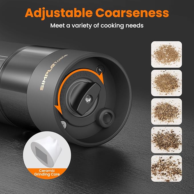 SIMPLETASTE Electric Salt and Pepper Grinder Set with LED Light, Automatic Pepper Mill Shakers with Adjustable Coarseness, One Hand Operation for Kitchen, Dining, Gifting, Black, Rechargeable