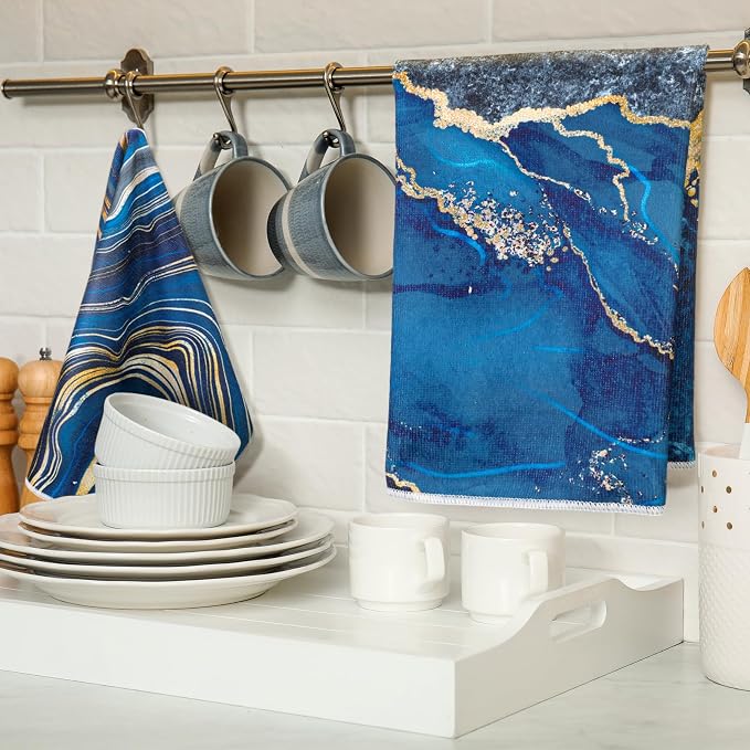 Boyiee 6 Pcs Marble Hand Towels Blue and Gold Towels Navy Blue Kitchen Towel Modern Gifts Absorbent Soft Decorative Dish Cloths Tea Towel Set Kitchen Decor Ocean Gift for Holiday Farmhouse Bathroom
