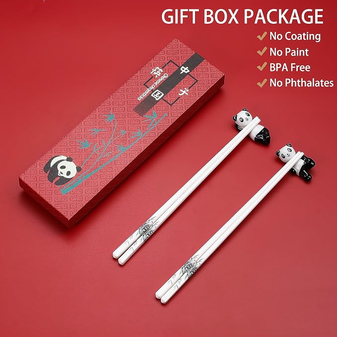 Ceramic Chopsticks Gift set with Panda Porcelain Rest,Reusable,Green Bamboo | Easy to Clean,Dishwasher Safe,Ceramic Chopsticks Holder,Chinese Japanese Korean,Classic Stylish,Exquisite Panda Gift Box