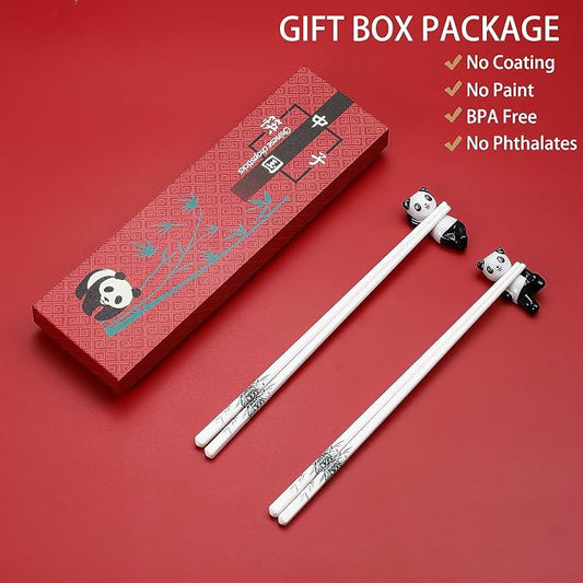 Ceramic Chopsticks Gift set with Panda Porcelain Rest,Reusable,Green Bamboo | Easy to Clean,Dishwasher Safe,Ceramic Chopsticks Holder,Chinese Japanese Korean,Classic Stylish,Exquisite Panda Gift Box