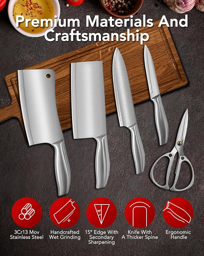 6Pcs Professional Chef Knife Block Set, Silver Stainless Steel Sharp Knives Set for kitchen with Built-in Sharpener Ergonomic Handle, Heavy Duty Cleaver &Butcher for Meat Bone Vegetables Fruit Cutting