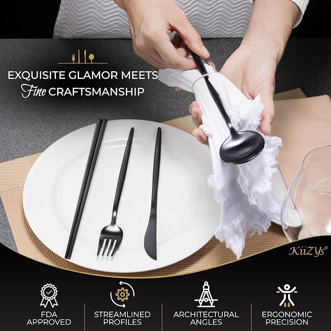 Matte Black KiiZYs Silverware Set - 16-Piece Kitchen Utensil With Korean Chopsticks - Stainless Steel Flatware Cutlery - Spoons, Forks, Knife - Dishwasher Safe - New Home Wedding Gifts (Black, 4 Sets)