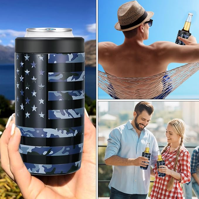 MAXSO Slim Can Cooler, 4-in-1 Double Walled Stainless Steel Insulated Beer Can Holder, Works With All 12 Oz Cans,Bottles & As A Pint Cups - Camo Flag