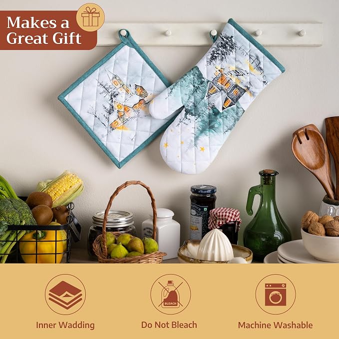 Maison d' Hermine Pot Holders 100% Cotton Potholders (8" x 8", Pack of 2) | Heat Resistant Hot Pads with Loop BBQ Cooking Baking Hotel Kitchen Handling Hot Pans Thanksgiving Christmas - Neige de Noel