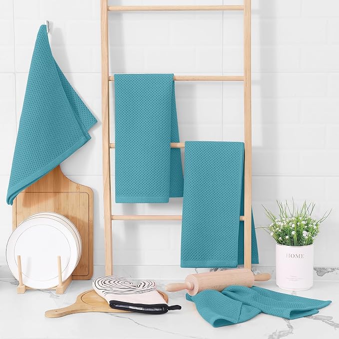 Homaxy 100% Cotton Waffle Weave Kitchen Towels, 3-Pack, Lake Blue | 13 x 28 Inches, Ultra Soft Absorbent Dish Towels, Quick Drying Cleaning Towels