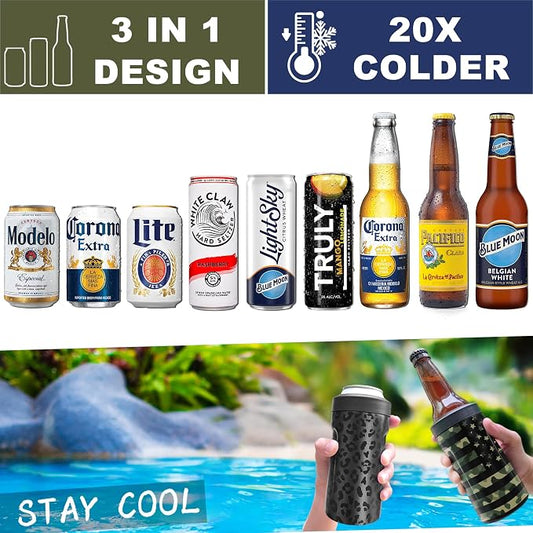 Universal Can Cooler - Signice 3 in 1 Insulated 12 oz Beer Can Insulator Stainless Steel Metal Holder for 12oz Slim Skinny Tall Standard Cans Bottle Hard Seltzer Soda Energy Drinks (Black Leopard)