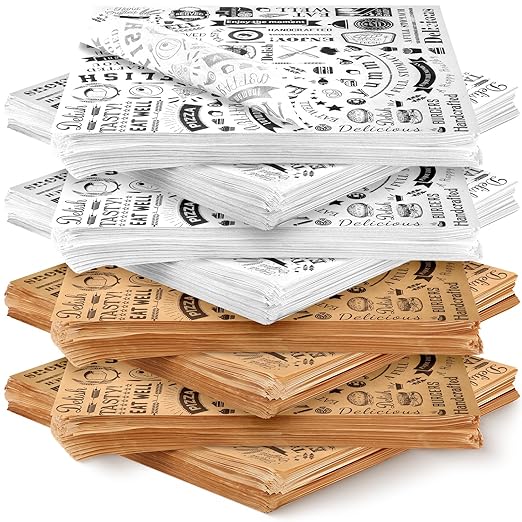 1000 Pcs 12 x 12 Inch Deli Wax Paper Sheets Grease Resistant Tray Basket Liners Newsprint Paper Water and Grease Proof Sandwich Wrapping Square Hot Dog Wrappers for Food Baking (Brown,White)