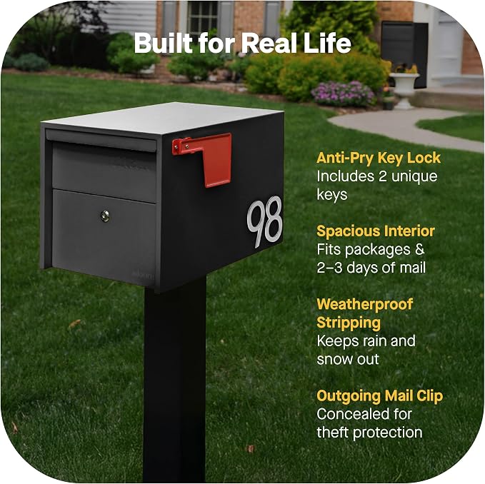 Adoorn Lockable Post Mount Mailboxes for Outside - Small Anti-Theft Locking Mailbox for Packages and Letters - Weatherproof Construction - Durable Steel - 12" H x 12" W x 18.5" D - Black