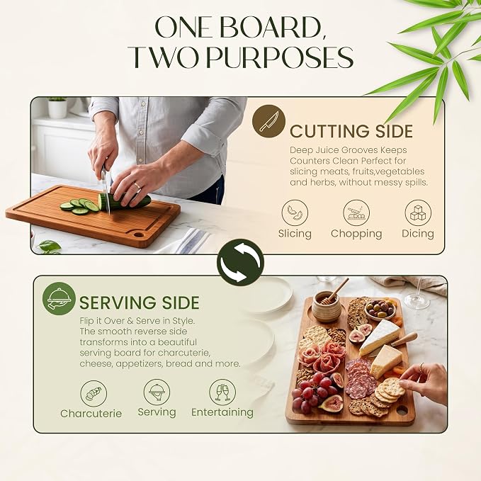 3-Piece Bamboo Cutting Boards - Groove, Handles, 15/12/9" - Dark Carbonized | Bamboo boards with rich dark finish, reversible prep and serving design surfaces