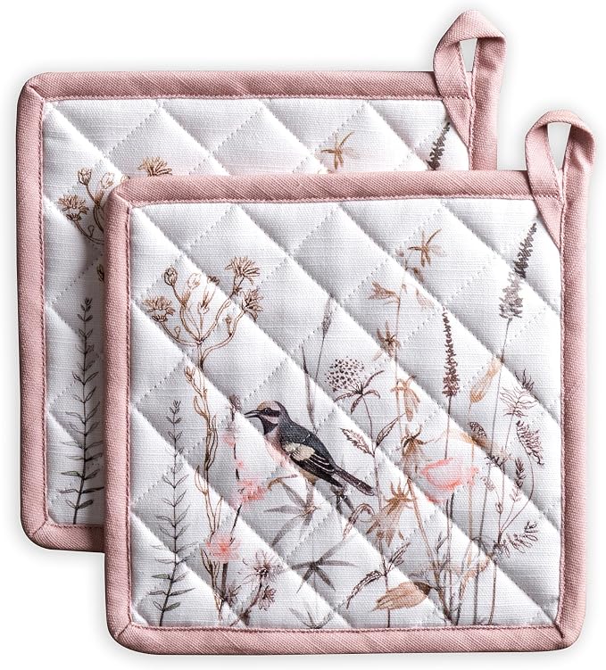 Maison d' Hermine Pot Holders 100% Cotton Potholders (8" x 8", Pack of 2) | Heat Resistant Hot Pads with Loop BBQ Cooking Farmhouse Kitchen Handling Hot Pans Spring Summer - Meadow Florals - Brown