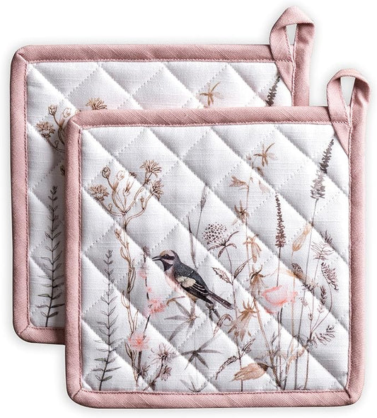 Maison d' Hermine Pot Holders 100% Cotton Potholders (8" x 8", Pack of 2) | Heat Resistant Hot Pads with Loop BBQ Cooking Farmhouse Kitchen Handling Hot Pans Spring Summer - Meadow Florals - Brown