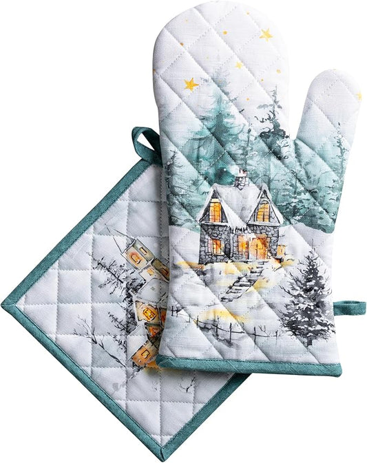 Maison d' Hermine 100% Cotton Oven Mitt & Pot Holder Set (7.5"x13" & 8"x8") | Heat Resistant BBQ Cooking Gloves with Loop Baking Grilling Kitchen Home Farmhouse Thanksgiving Christmas - Neige de Noel