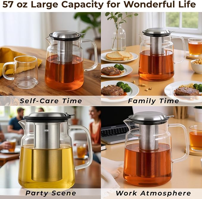 Aquach Glass Teapot with Removable Infuser - 57oz Borosilicate Tea Pot for Stovetop & Cold Brew, Stainless Steel Filter for Loose Leaf/Iced Tea