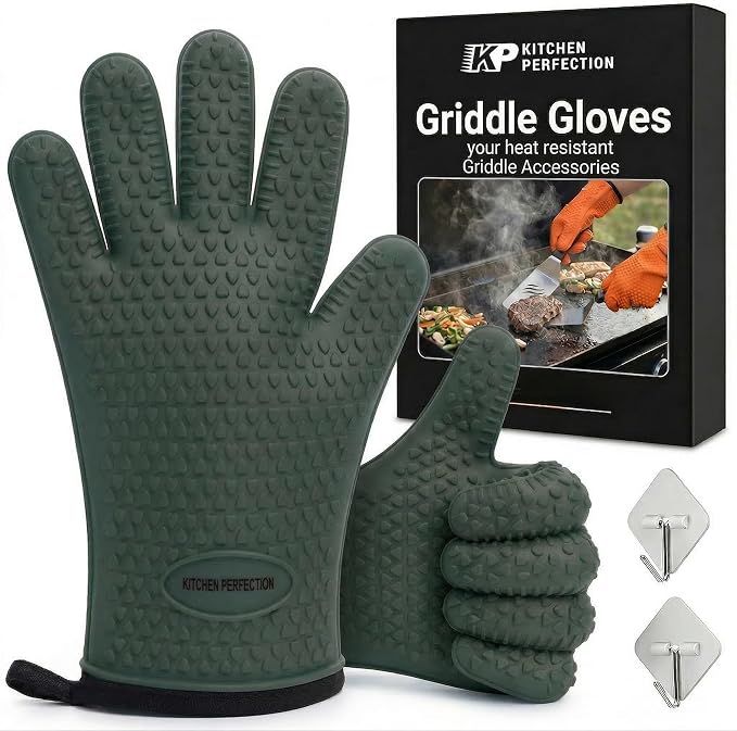 KITCHEN PERFECTION XL Silicone Griddle Gloves - Heat Resistant Oven Mitts | Waterproof, 5-Finger Design For A Better Grip, Best Griddle Grilling Accessories, Compatible with Blackstone, Weber & More