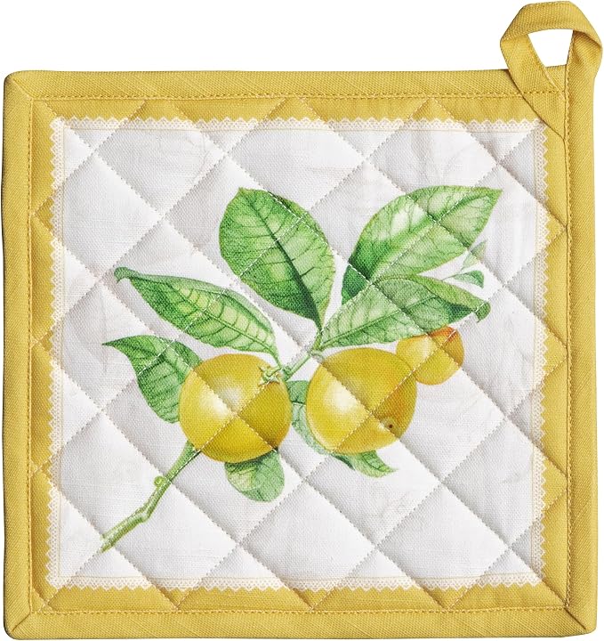 Maison d' Hermine Pot Holders 100% Cotton Potholders (8" x 8", Pack of 1) | Heat Resistant Hot Pads with Loop BBQ Cooking Baking Farmhouse Kitchen Handling Hot Pans Spring Summer - Limoncello