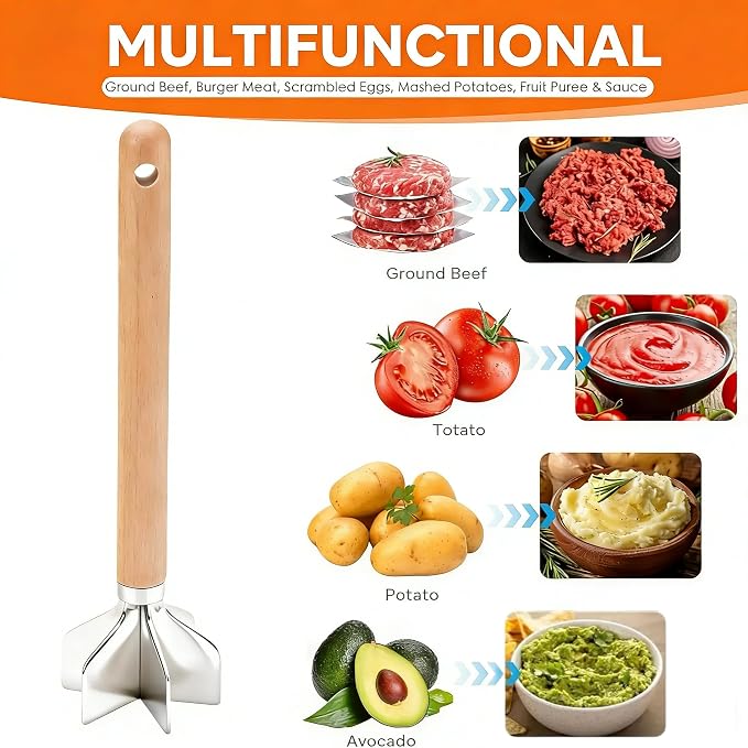 Meat Chopper - 6 Blades Stainless Steel Meat Masher, 11 Inch Ground Beef Masher, Premium Heat Resistant Smasher for Ground Beef, Hamburger Grinder, Potato Mix Tool, Meat & Poultry Tenderizers