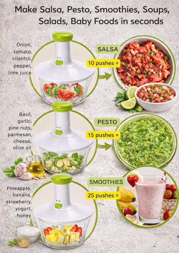 Brieftons Express Manual Food Chopper, 6.8-Cup Hand Pump Vegetable Chopper to Chop Veggies Onion Garlic Herbs, Tear-Free Onion Chopper & Salsa Maker for Camping RV Home, 3-Leaf Stainless Steel Blade