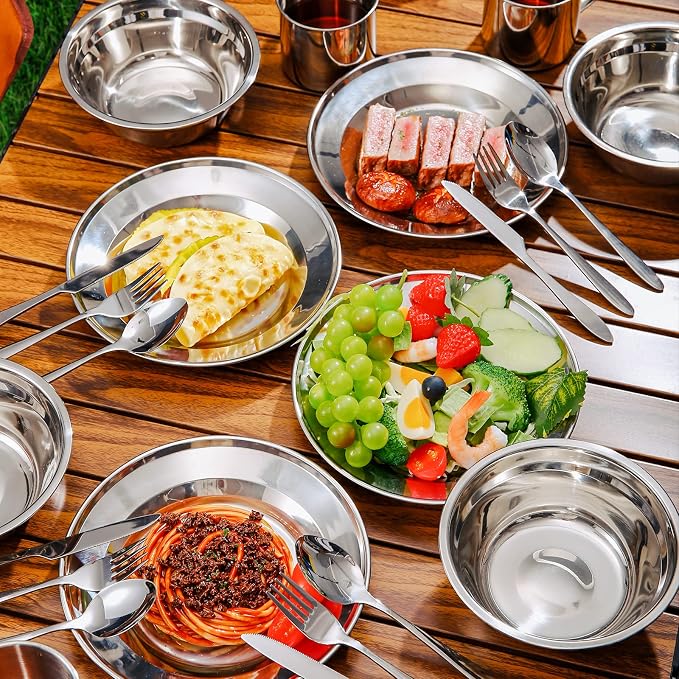 Odoland 29pcs Stainless Steel Utensils Camping Mess Kits for 4 Person | with Bowls Plates Cups Forks Spoons and Knives, Camping Cutlery Set for Backpacking, Family, Outdoor Hiking and Picnic