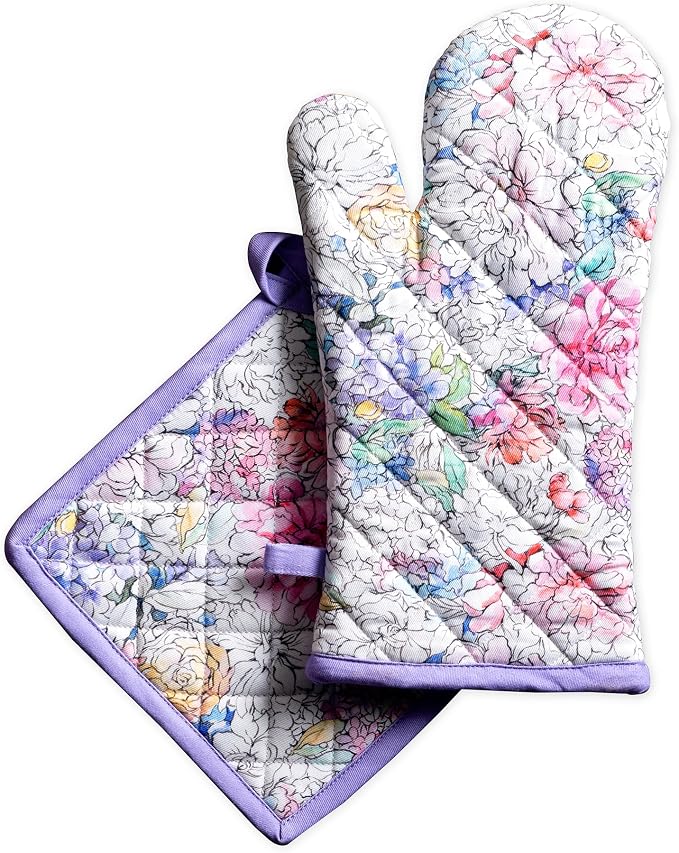 Maison d' Hermine 100% Cotton Oven Mitt & Pot Holder Set (7.5"x13" & 8"x8") | Heat Resistant BBQ Cooking Gloves with Loop Baking Grilling Kitchen Hotel Home Farmhouse Spring Summer - Floral Love