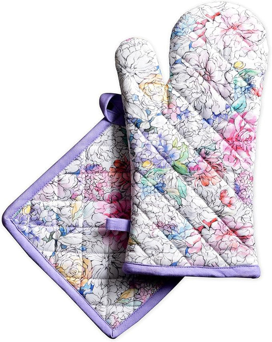 Maison d' Hermine 100% Cotton Oven Mitt & Pot Holder Set (7.5"x13" & 8"x8") | Heat Resistant BBQ Cooking Gloves with Loop Baking Grilling Kitchen Hotel Home Farmhouse Spring Summer - Floral Love