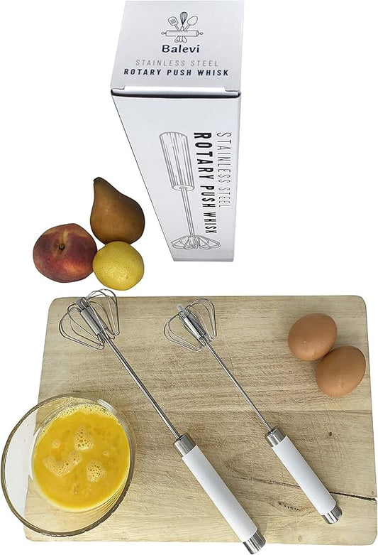 Stainless Steel Push Whisk - Easy to Use Manual Hand Mixer & Plunger Whisk - Make Froth, Foam & Whipped Cream - Semi Auto Egg Beater Plastic Tip Won’t Scratch Pans (2 Pack 10in & 12in) WHITE
