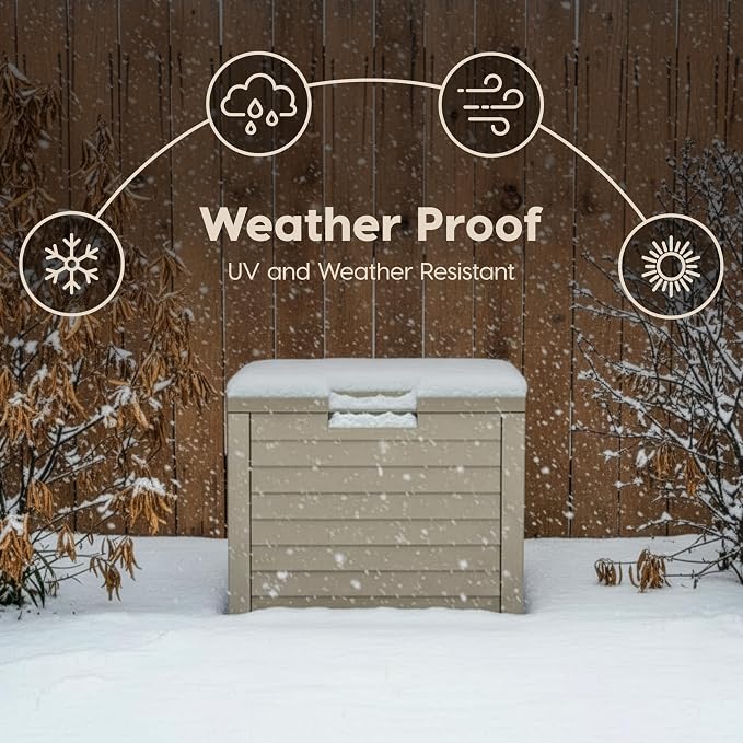 IRIS USA 35 Gallon Outdoor Deck Box, Lockable, Weather-Resistant, Beige | UV-Protected, Waterproof Resin, Patio Storage for Cushions, Garden Tools & Packages
