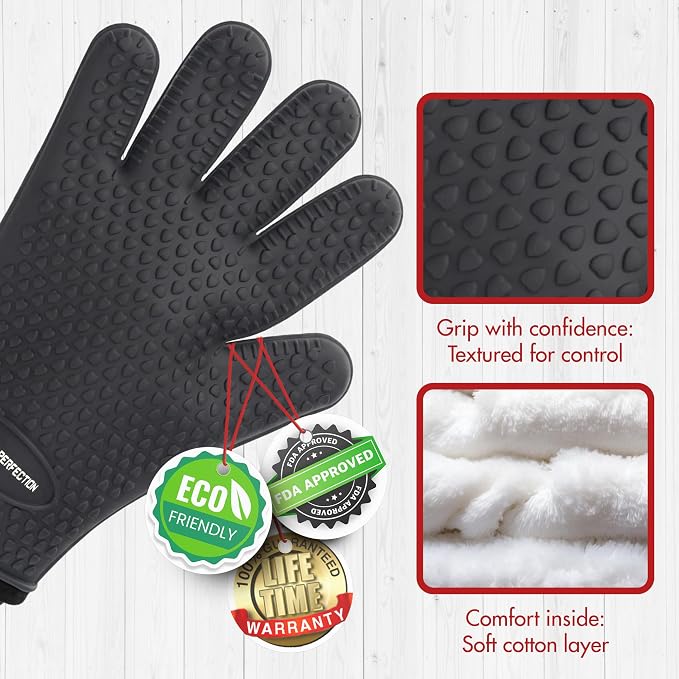 KITCHEN PERFECTION Silicone Griddle Grill Gloves Heat Resistant Oven Mitts | Waterproof, 5-Finger Design For A Better Grip, Best Griddle Grilling Accessories, Compatible with Blackstone, Weber & More