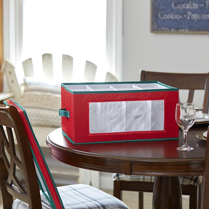 Household Essentials Holiday Wine Glass Storage Box in Strong Frame, Handles, Windowed Panel and 12 Compartments, Red with Green Trim