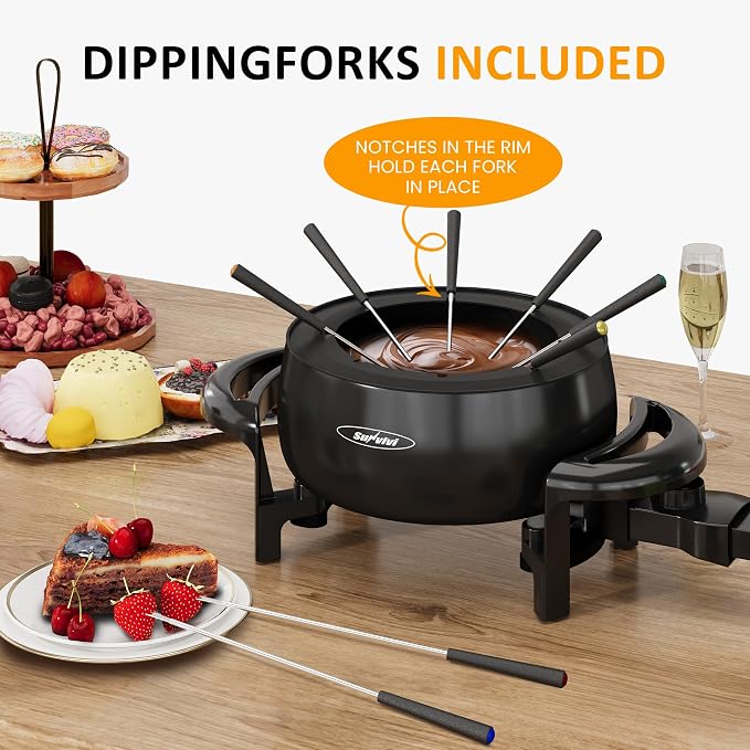 Sunvivi 3 Quarts Electric Fondue Pot Set for Cheese & Chocolate,Temperature Control, 8-Color Coded Forks, for Cheese, Chocolate, Hot Oil, Broth