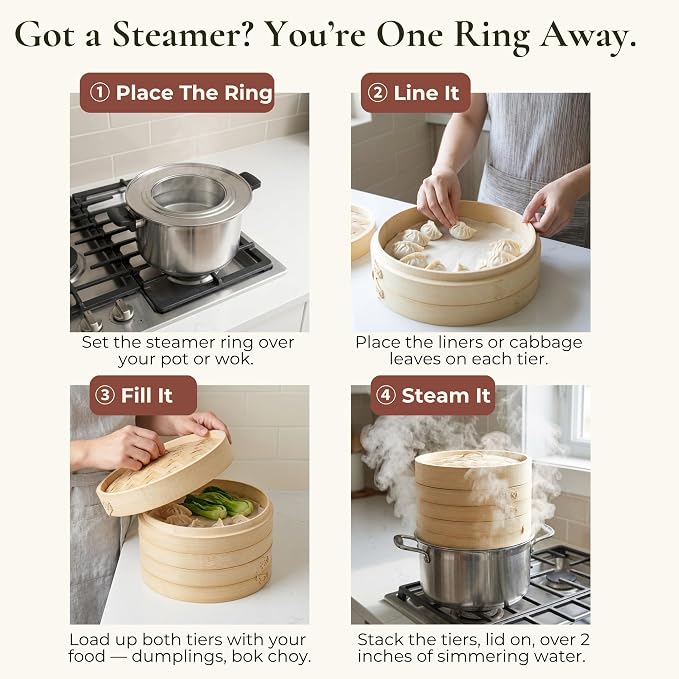 Stainless Steel Steamer Ring for Bamboo Steamer Basket 11-Inch | Fits 7 - 10 Inch Dumpling Steamer Baskets - Ring Adapter for Woks & Pots for Cooking Dim Sum, Rice, Bao Buns, Vegetables