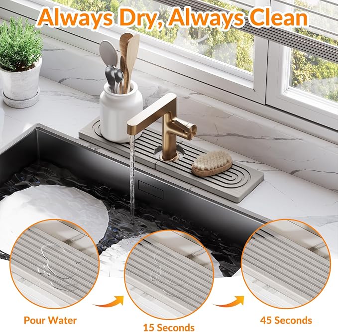15.7 Inch Stone Faucet Mat for Kitchen Sink Splash Guard, Diatomite Sink Protectors for Kitchen Sinks Behind Faucet, Quick Dry Water Absorbing Stone Tray , Drip Catcher (White, 15.7" x 3.9")