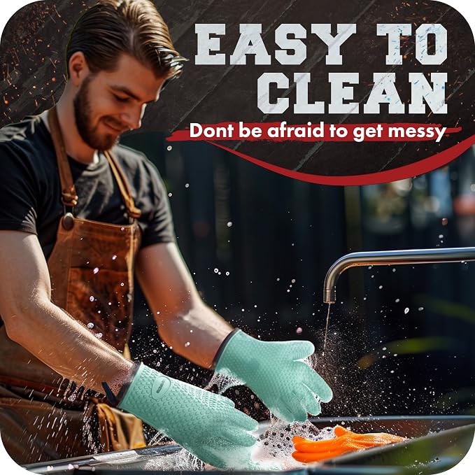 KITCHEN PERFECTION S Silicone Smoker BBQ Gloves - Heat Resistant Oven Mitts | Waterproof, 5-Finger Design For A Better Grip, for Pitmasters, Meat Smoking, Grilling, Cooking, Frying Turkey | Grill Gift