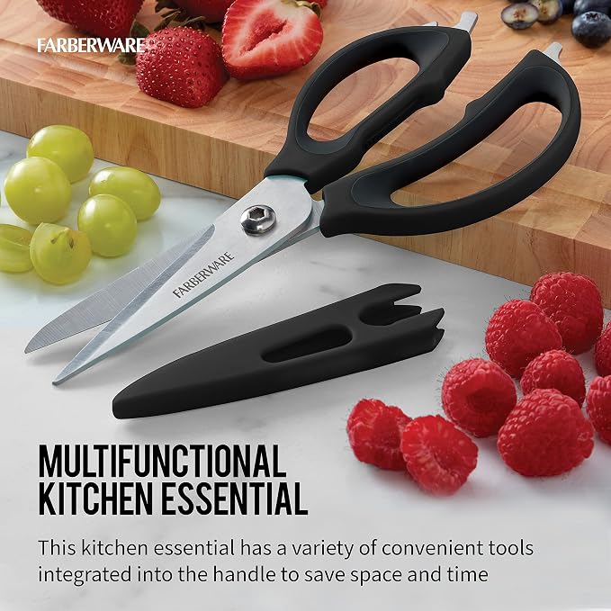 Farberware 4-in-1 Kitchen Scissors with Black Handle, High-Carbon Stainless Steel Shears with Jar Opener, Bottle Opener and Screwdriver, Kitchen Shears for Food Prep