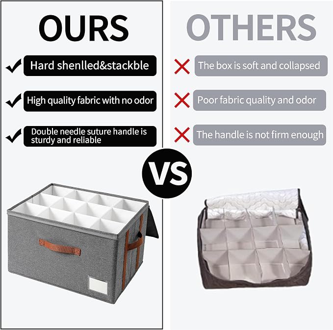 Stemware storage containers, wine glass storage box ，wine glass storage box with dividers，glass storage containers，Holds 12 Red or White Wine Glasses, Hard Top and Sides(Grey red,