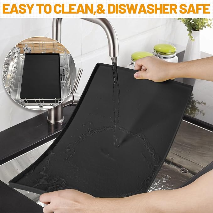 Hubulk Dog Feeding Mat,100% Waterproof Food Grade Silicone Pet Food and Water Bowl Placemat,Dishwasher, High Raised Edge to Prevent Spills,Nonslip Tray to Stop Messes on Floor（28"x18"x0.8", Black）
