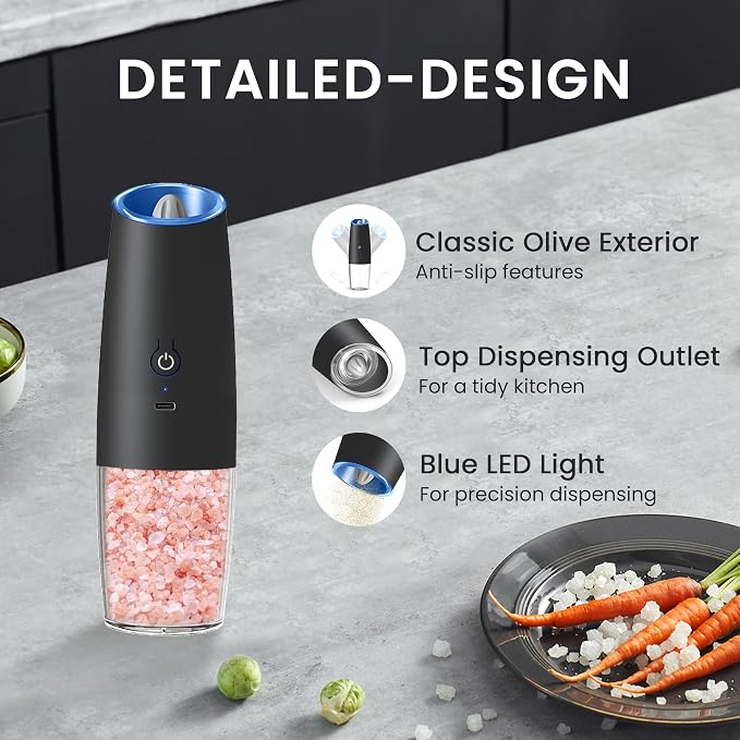 Rechargeable Salt And Pepper Grinder Set with LED Light, Automatic Electric Gravity Salt And Pepper Shakers Set, No Battery Needed, Adjustable Roughness, 2 Pack (Black)