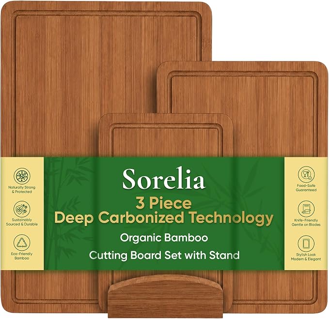 3-Piece Bamboo Cutting Boards - Groove, Handles, 15/12/9" - Carbonized | Bamboo boards with elegant dark finish, reversible prep and serving surfaces